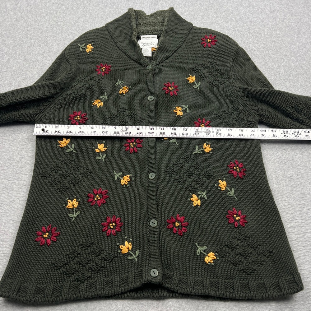 Christopher & Banks Sweater Women's Large Green Floral Hand Embroidered Cardigan - Picture 6 of 11